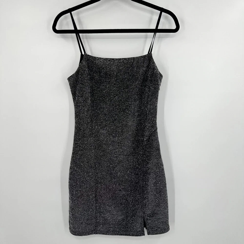 Lulu's Sparkly Mini Dress Womens Medium Black Silver Side Zipper Spaghetti Strap